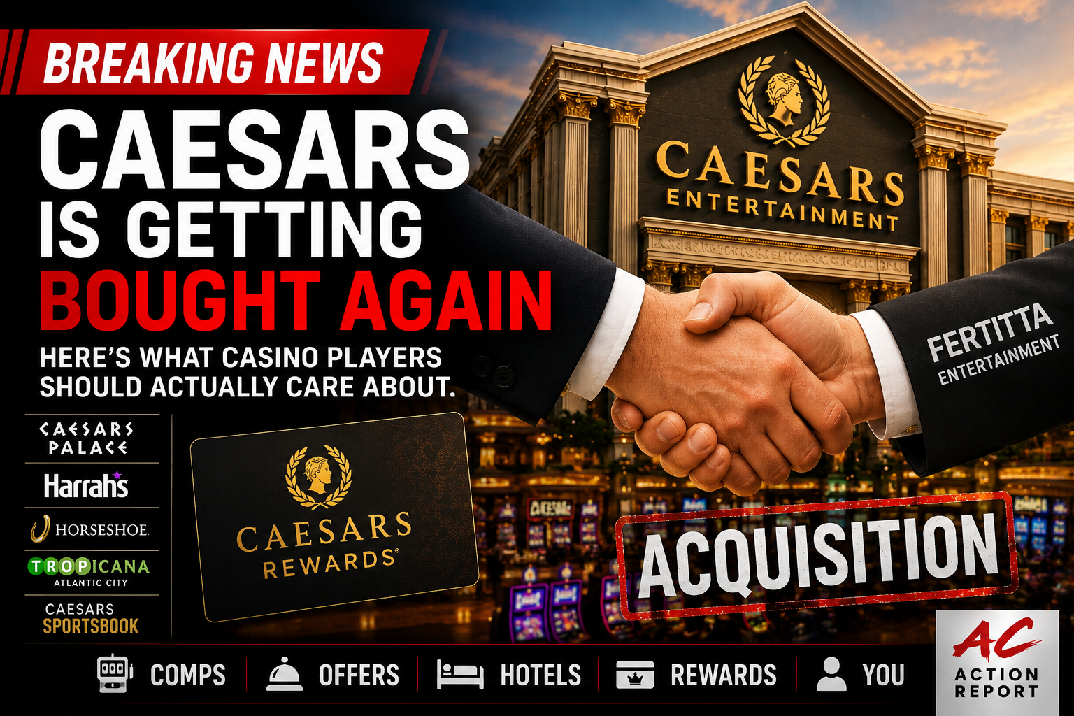Breaking news graphic about Fertitta Entertainment acquiring Caesars and what casino players should watch