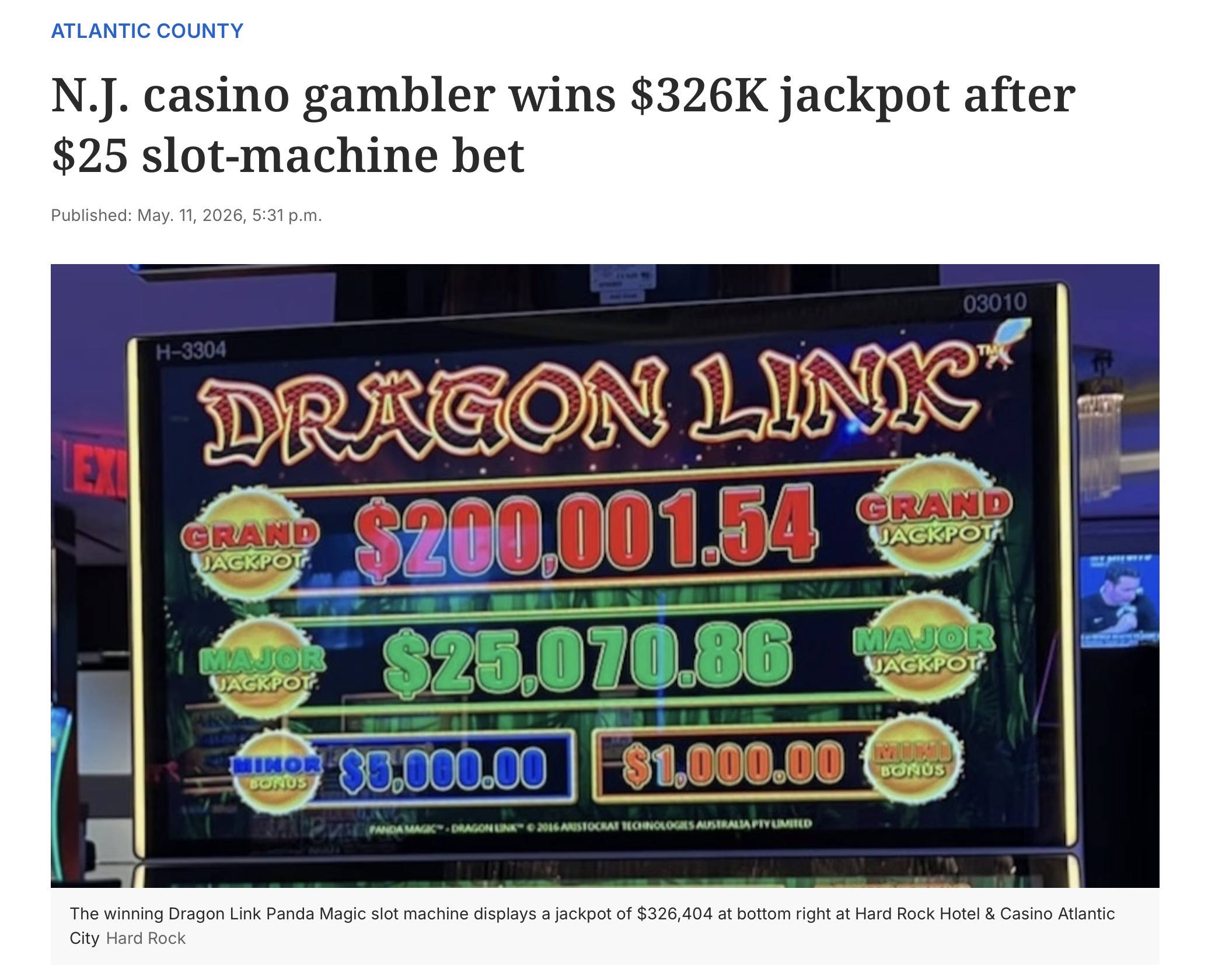 Atlantic City jackpot report showing major slot jackpots