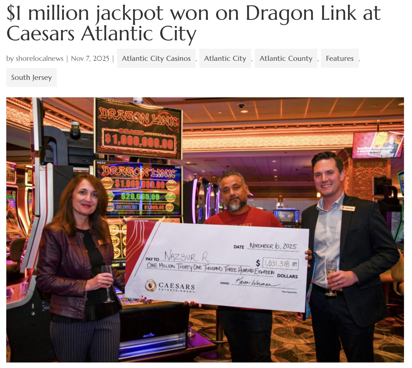 Atlantic City casino jackpot statistics and handpay data